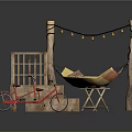 Outdoor Leisure Setup With Red Bicycle Wooden Steps Hammock Posts And Table