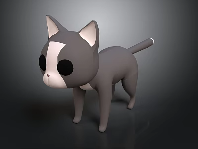 Cute Gray And White Cartoon Cat 3D Model With Large Black Eyes And Pink Ears 3d model
