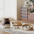 Indoor Pet Furniture Set With Cozy Bed Wooden Tray Bowls And Soft Cushion Design