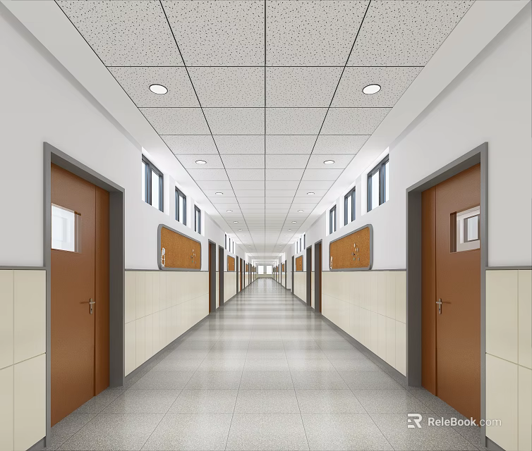 School Interior Corridor With Wooden Doors Notice Boards And Ceiling Lights 3d model 