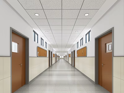 School Interior Corridor With Wooden Doors Notice Boards And Ceiling Lights 3d model