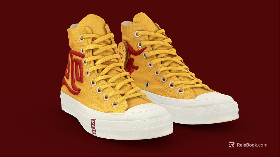 Yellow High Top Canvas Shoes With Red Logo And White Sole Design 3d model 