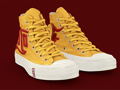 Yellow High Top Canvas Shoes With Red Logo And White Sole Design 3d model