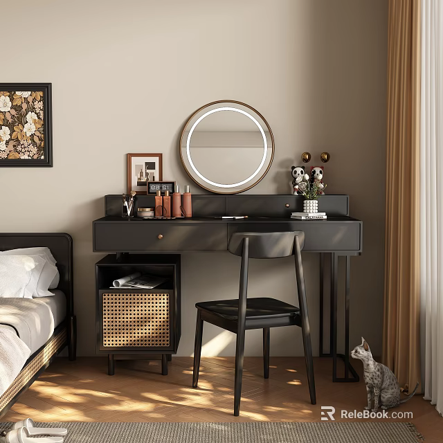 Modern Black Dressing Table With Round Mirror Rattan Storage Chair And Decorative Items In Bedroom 3d model 