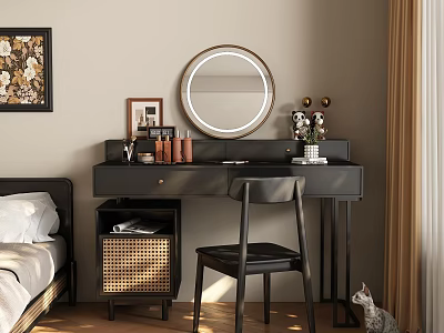 Modern Black Dressing Table With Round Mirror Rattan Storage Chair And Decorative Items In Bedroom 3d model