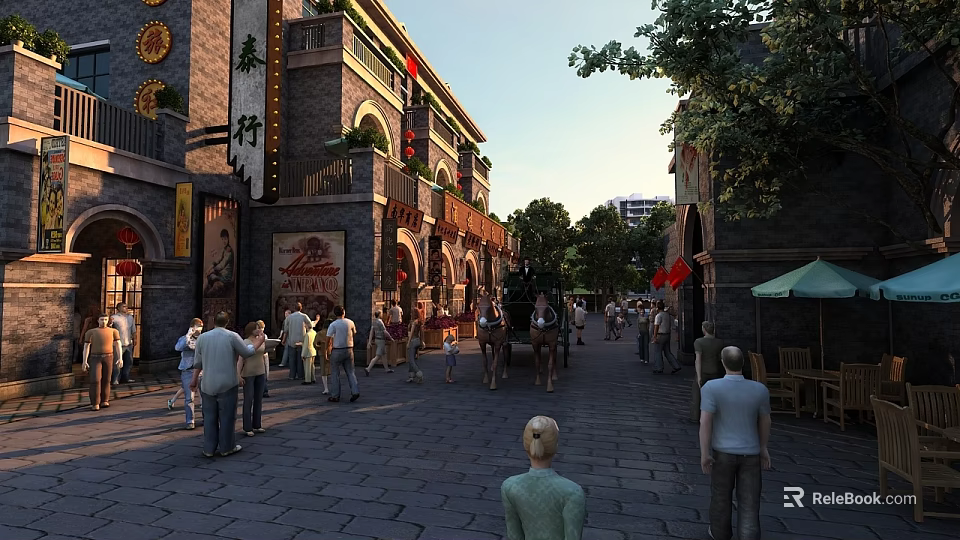 Traditional Style Commercial Street With Pedestrians Outdoor Seating And Cultural Signs 3d model 