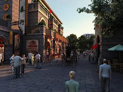 Traditional Style Commercial Street With Pedestrians Outdoor Seating And Cultural Signs 3d model