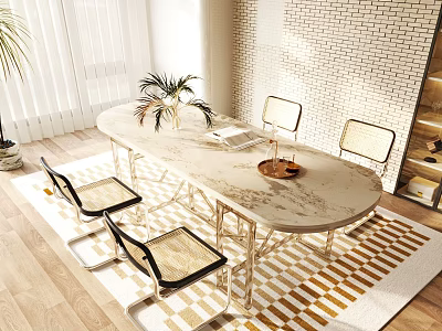 Modern Dining Table Set with Marble Top and Metal Chairs on Patterned Carpet and Brick Wall 3d model