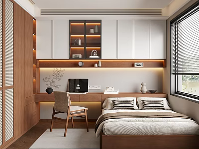 Modern Tatami Bedroom Interior with Desk Computer Wooden Shelves and Window Blinds 3d model