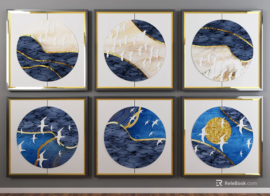 Modern Abstract Paintings With Blue Gold Tones Flying Birds And Circular Patterns 3d model 