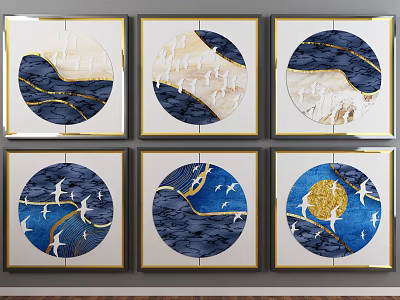 Modern Abstract Paintings With Blue Gold Tones Flying Birds And Circular Patterns 3d model