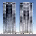 Two Tall Modern Buildings With Glass Curtain Walls And Blue Sky Background