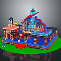 Colorful Children's Play Structure With Red Slide Climbing Area And Green Surface