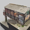 Abandoned Structure Model With Rusted Metal Broken Roof And Graffiti On Stone Base