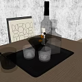 Elegant Wine Bottle And Glasses On Metal Tray With Geometric Wall Art On Wooden Table