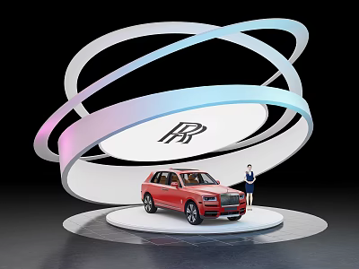 Red Rolls-Royce SUV on Display Stand With Person in Suit Beside 3d model