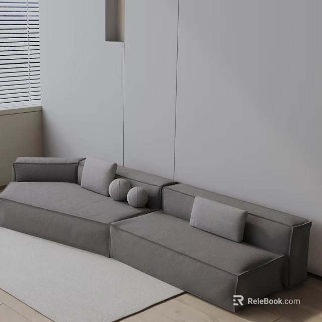 Gray Three Seater Sofa With Cushions Round Pillows Light Gray Wall And Window Blinds 3d model