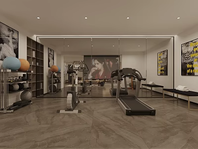 Modern Gym Interior With Treadmill Exercise Bike Mirror Wall Gray Marble Floor And Posters 3d model