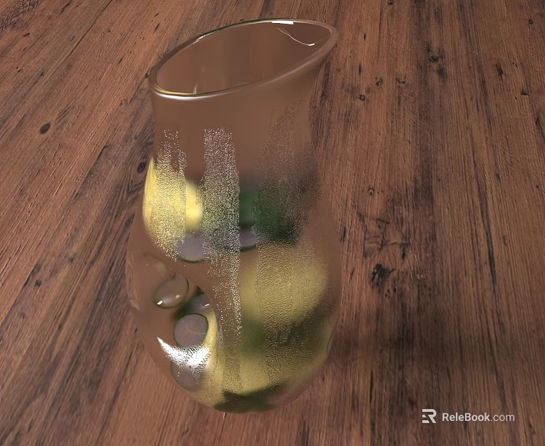 Refreshing Drink in Transparent Glass Vessel with Lemon Slices and Mint Leaves on Wooden Table 3d model 