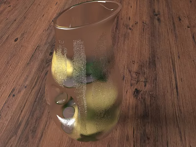 Refreshing Drink in Transparent Glass Vessel with Lemon Slices and Mint Leaves on Wooden Table 3d model