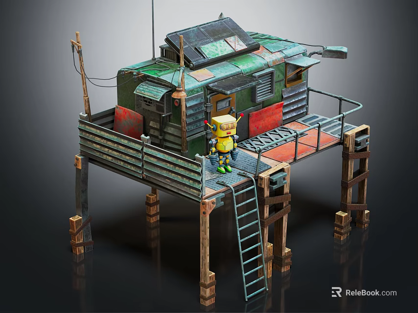 Cartoon Stilt House Scene With Green Exterior Wooden Stilts And Yellow Character Standing On Balcony 3d model 