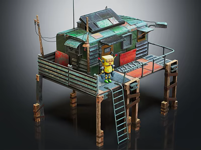 Cartoon Stilt House Scene With Green Exterior Wooden Stilts And Yellow Character Standing On Balcony 3d model