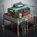 Cartoon Stilt House Scene With Green Exterior Wooden Stilts And Yellow Character Standing On Balcony