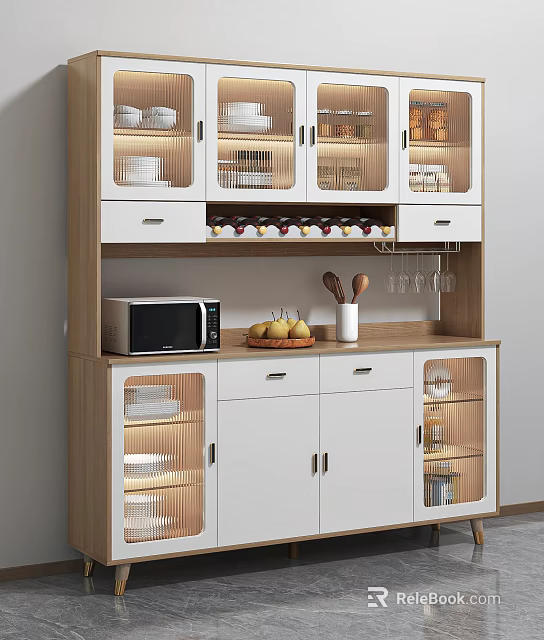 Modern Stylish Buffet Cabinet With Glass Doors Wine Rack Drawers And Microwave On Countertop 3d model 