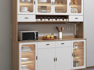 Modern Stylish Buffet Cabinet With Glass Doors Wine Rack Drawers And Microwave On Countertop 3d model