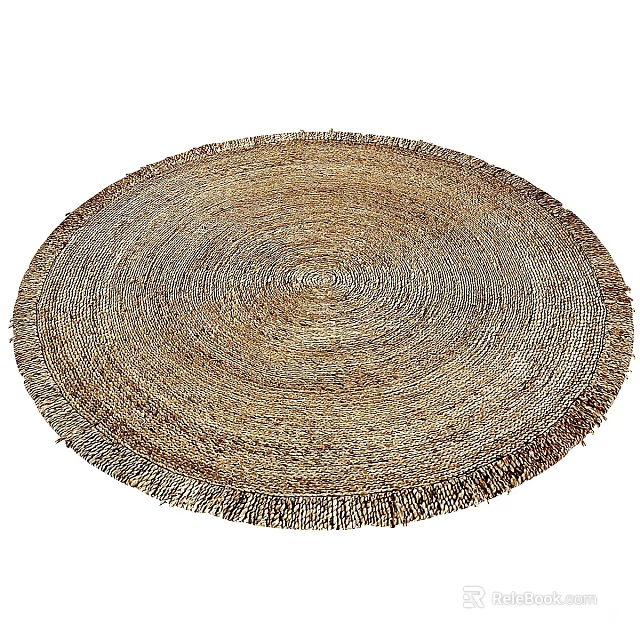 Woven Round Carpet In Natural Tones With Fringed Edge For Home Decor 3d model 
