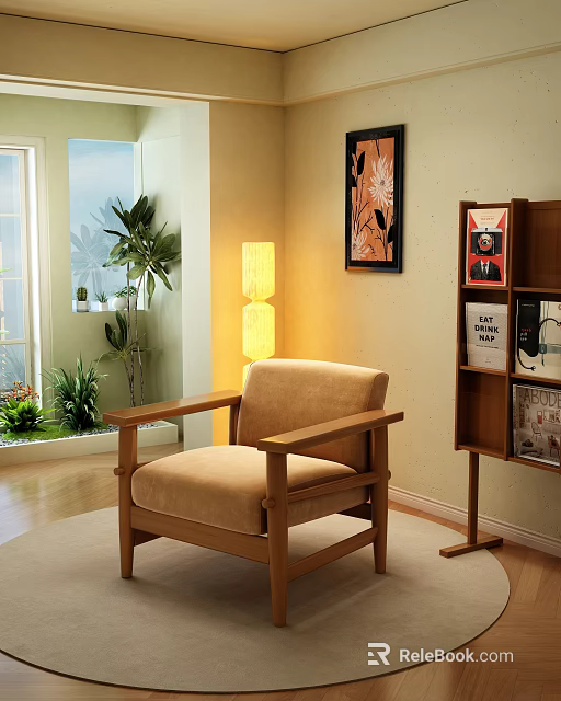 Beige Lounge Chair With Wooden Armrests Floor Lamp Bookshelf And Indoor Plants 3d model 