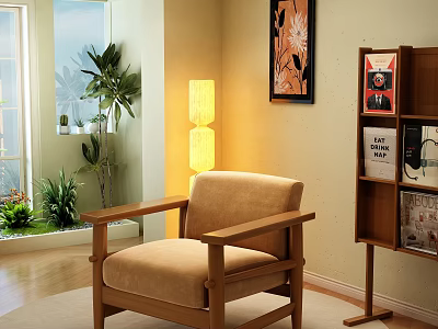 Beige Lounge Chair With Wooden Armrests Floor Lamp Bookshelf And Indoor Plants 3d model