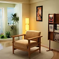 Beige Lounge Chair With Wooden Armrests Floor Lamp Bookshelf And Indoor Plants