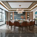 Elegant Private Dining Room Interior With Round Table Chandelier And Decorative Painting