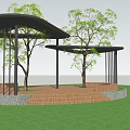 Modern Curved Roof Pergola With Black Columns Wooden Platform Steps And Trees In Grassland