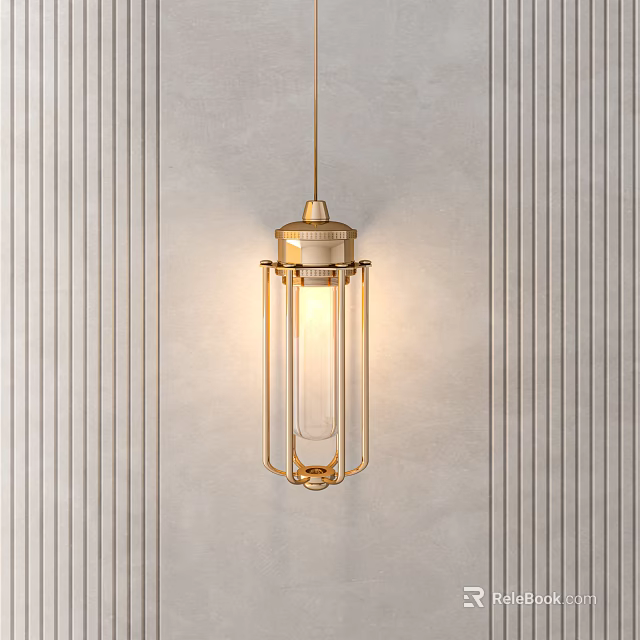 Golden Modern Chandelier With Metal Frame And Glass Shade Hanging On Gray Wall 3d model 