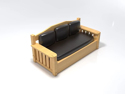 Two Seater Sofa With Wooden Frame And Black Leather Cushions For Living Room 3d model