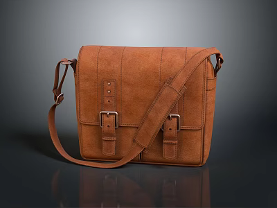 Brown Genuine Leather Messenger Bag With Adjustable Shoulder Strap And Buckle Closure 3d model