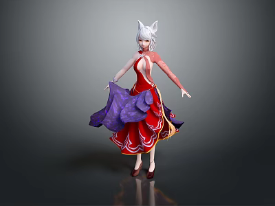 Game And Movie Female Character With White Fox Ears And Elegant Red Purple Dress 3d model