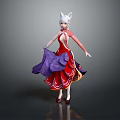 Game And Movie Female Character With White Fox Ears And Elegant Red Purple Dress