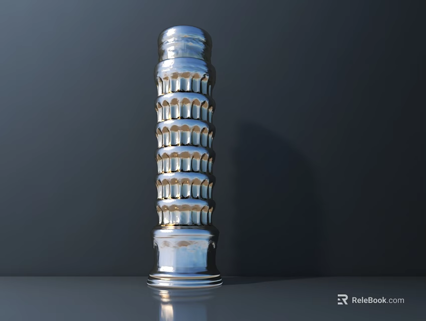Shiny Silver Leaning Tower of Pisa Shape Model on Gray Surface With Dark Background 3d model 