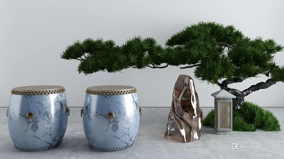 Blue Drum Stools With Floral Patterns Gold Trim And Pine Tree Decor 3d model