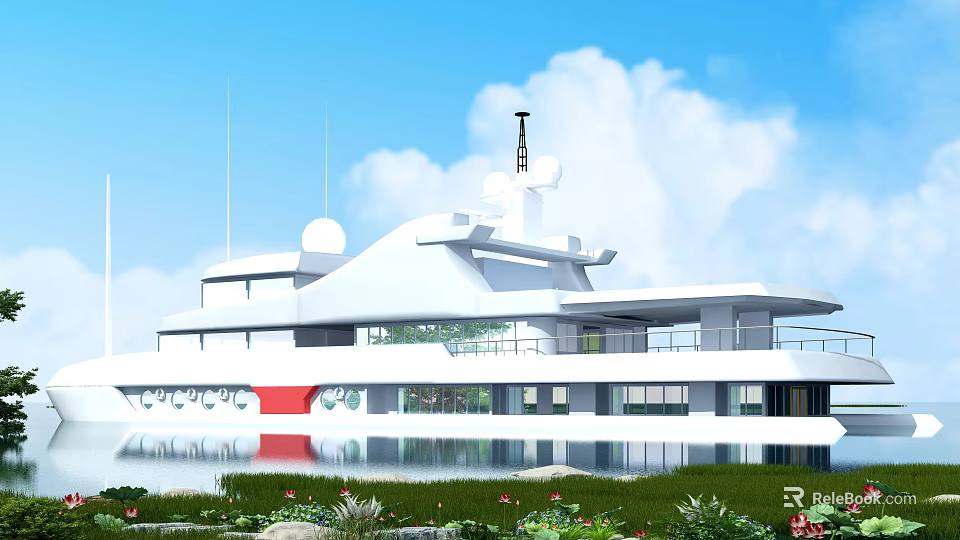 Modern Yacht Exterior Design With Waterfront Landscape 3d model 