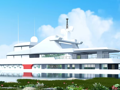 Modern Yacht Exterior Design With Waterfront Landscape 3d model