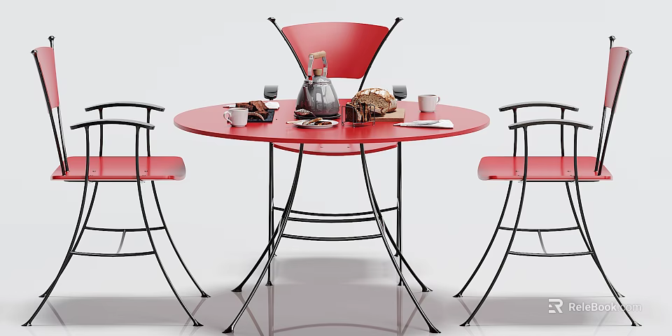 Red Round Dining Table Set With Black Chairs And Coffee Pot Cups Bread 3d model 