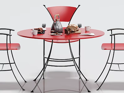 Red Round Dining Table Set With Black Chairs And Coffee Pot Cups Bread 3d model