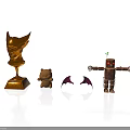 Golden Winged Helmet Statue Teddy Bear Figure Purple Bat Wings And Wooden Robot Model