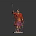 Man as Roman Soldier in Red Cloak Holding Spear and Shield Standing on Base
