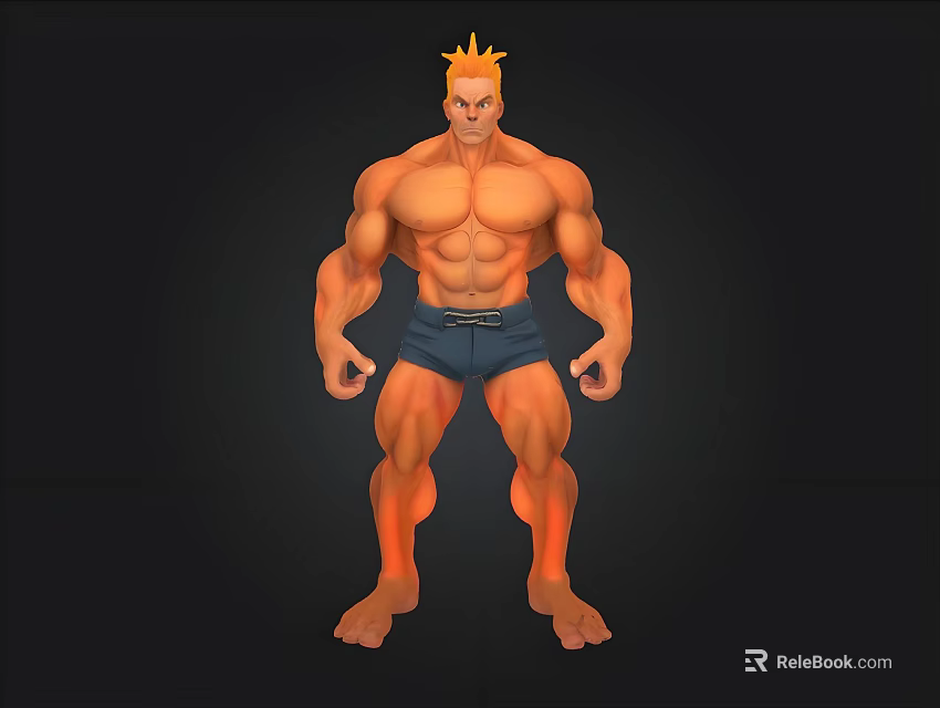 Muscular Male Character with Yellow Spiky Hair Blue Shorts Athletic Build Against Black Background 3d model 