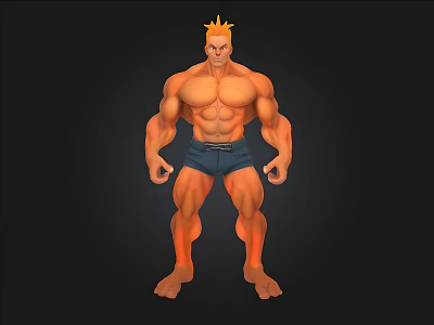 Muscular Male Character with Yellow Spiky Hair Blue Shorts Athletic Build Against Black Background 3d model